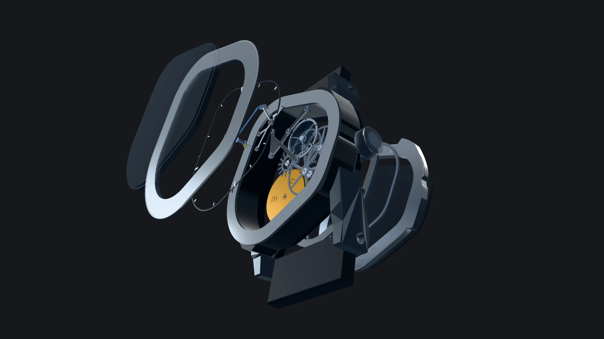 Exploded 17280 watch assembly with eight layers separated along the watch axis