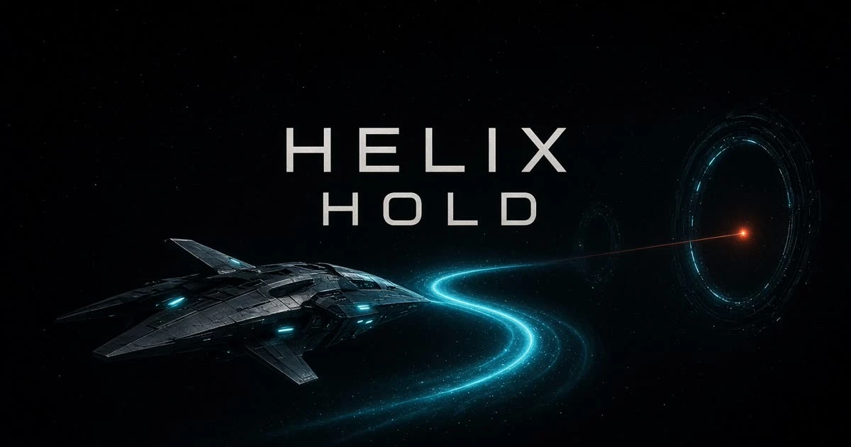 Helix Hold cover artwork: a dark spacecraft beside a curling blue trail and a distant illuminated ring.