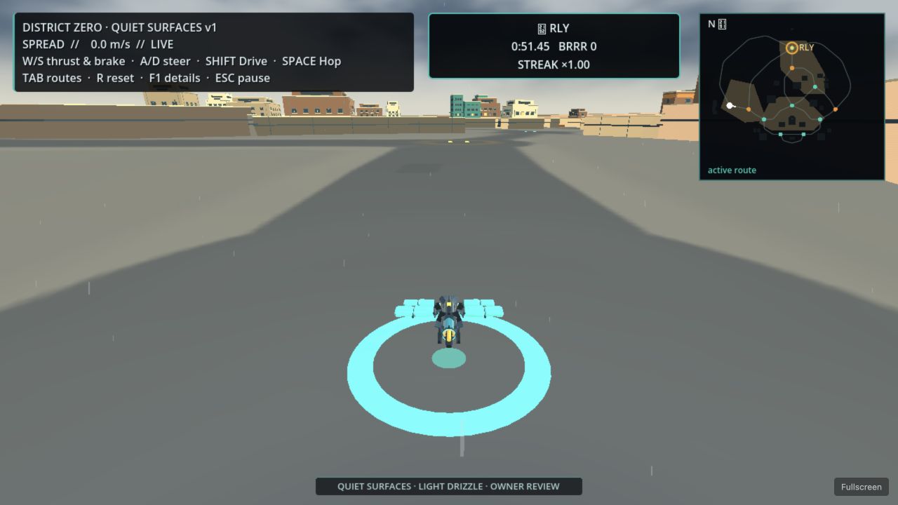 Hush Basin's browser build in District Zero: the small vehicle stands on charcoal paving beneath the route display and district minimap.