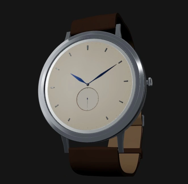 Archived Arc / Flow watch study with a curved steel case and closed espresso leather strap.