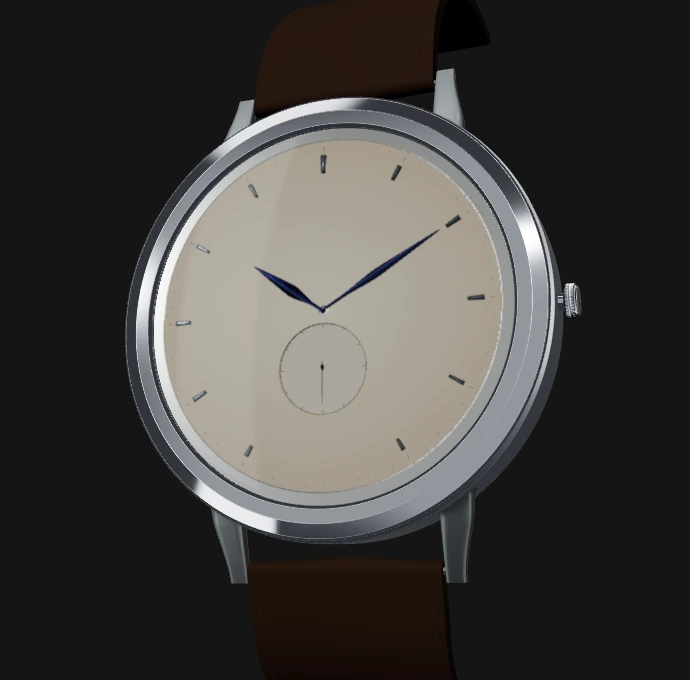 Nocturne 40 in three-quarter view: warm ivory dial, blue hands, small seconds at six, steel case, and an open dark leather strap