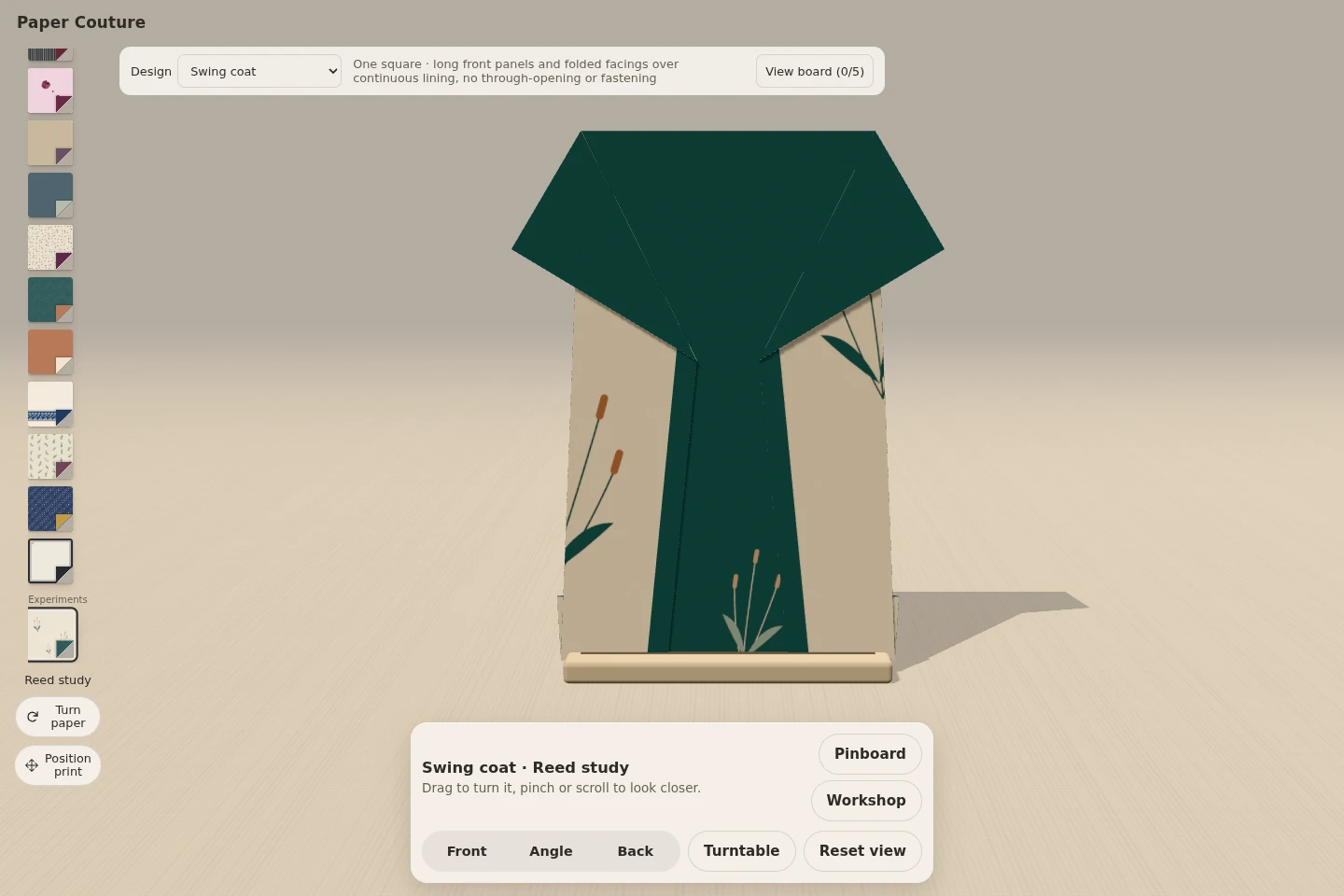 Paper Couture’s folding studio showing the Swing coat in Reed study paper, with design choices and display controls.