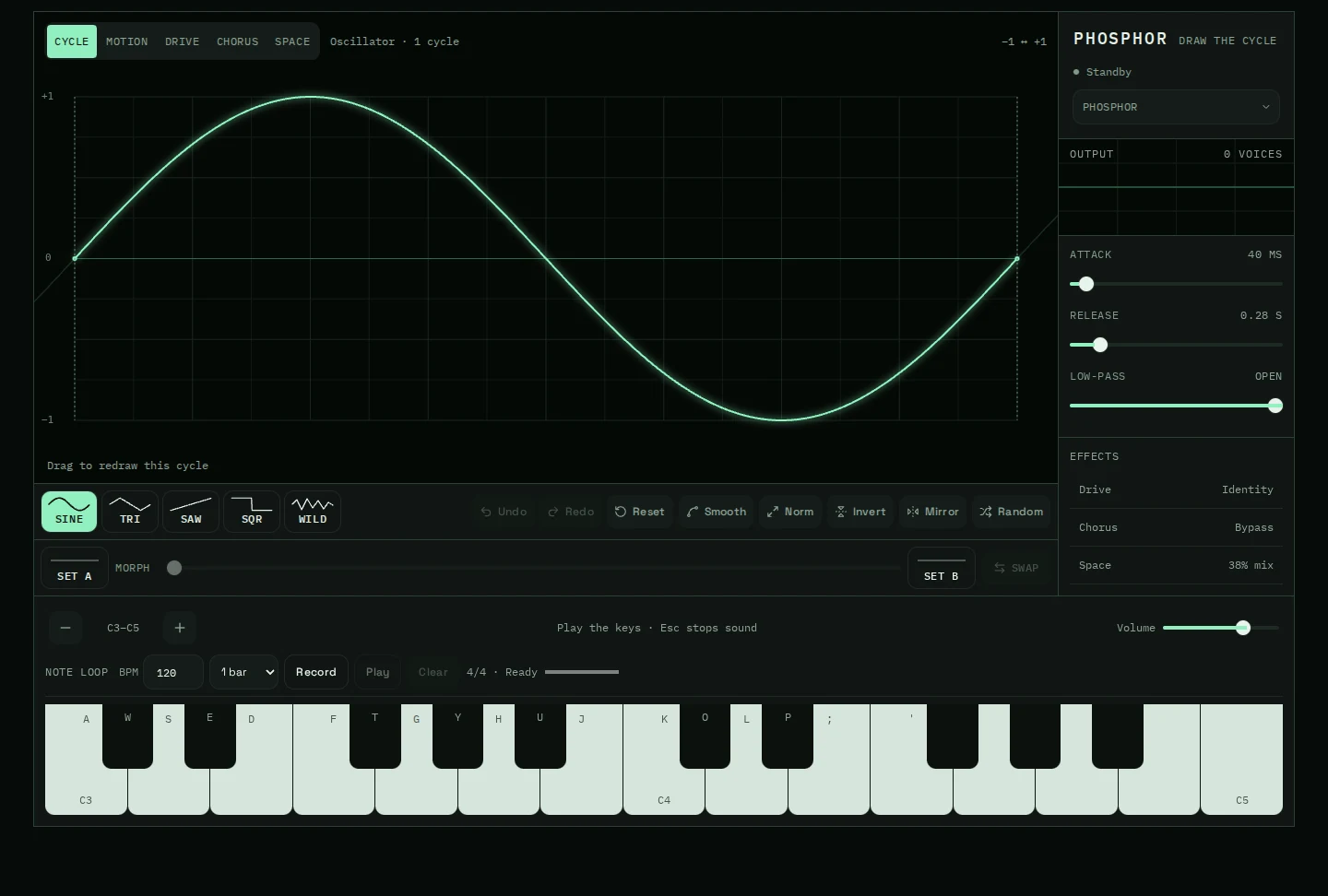 Phosphor’s browser instrument with a glowing sine cycle, drawing tools, a control rack, and an onscreen keyboard.