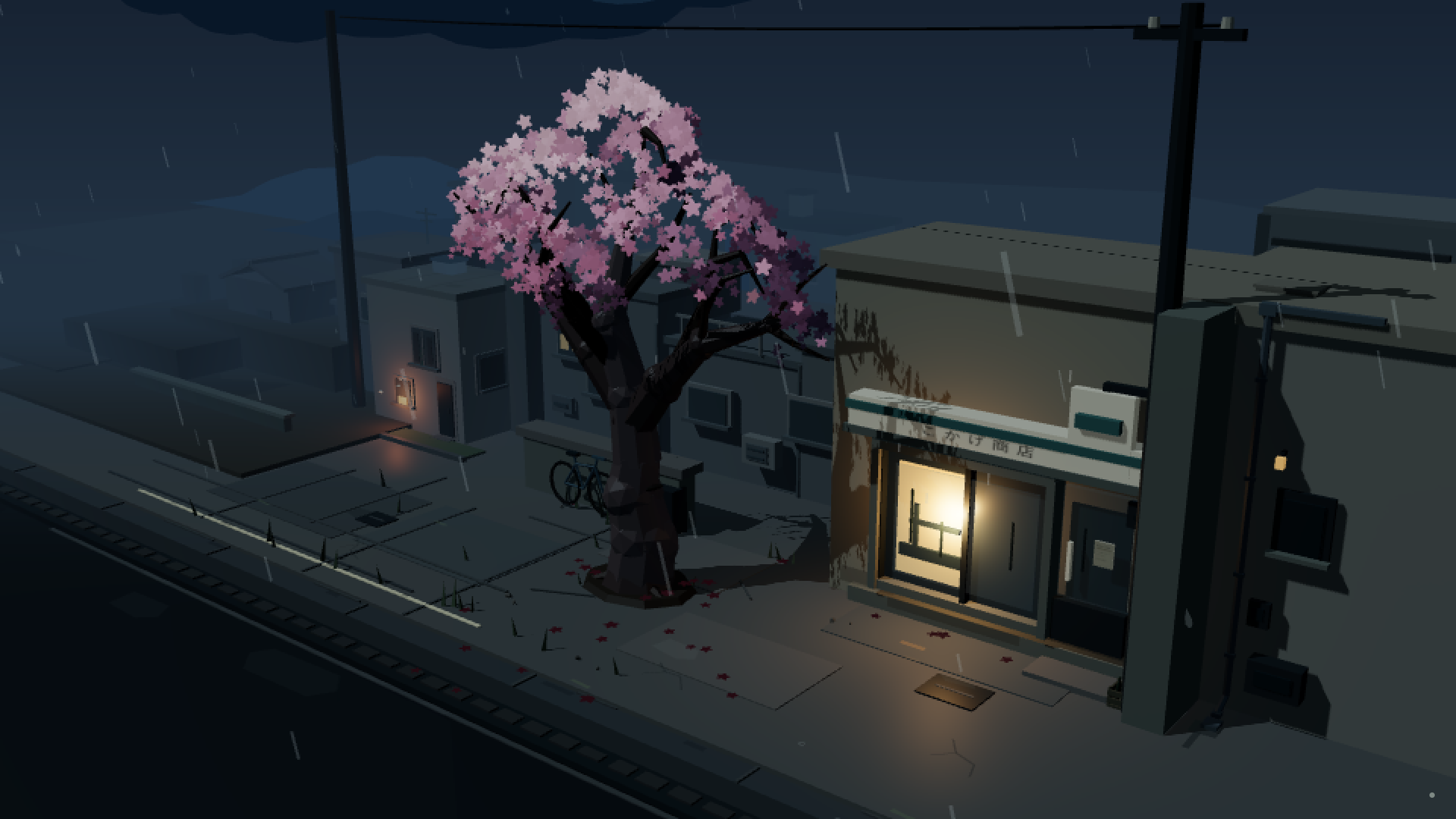 A cherry tree, bicycle, overhead wires, and a lit doorway on a rainy street corner.